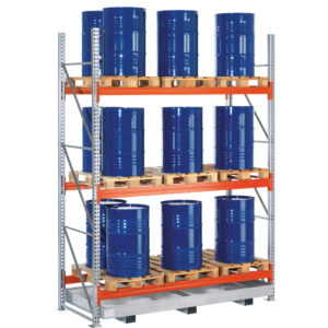 Palletstelling 3 niveaus met lekbak | vakbreedte 2.700 mm